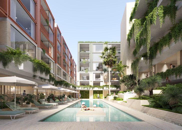 El esquema ganador de BVN incluye áreas de trabajo conjunto, una piscina, áreas para comer al aire libre en múltiples niveles y jardines con cocinas al aire libre.