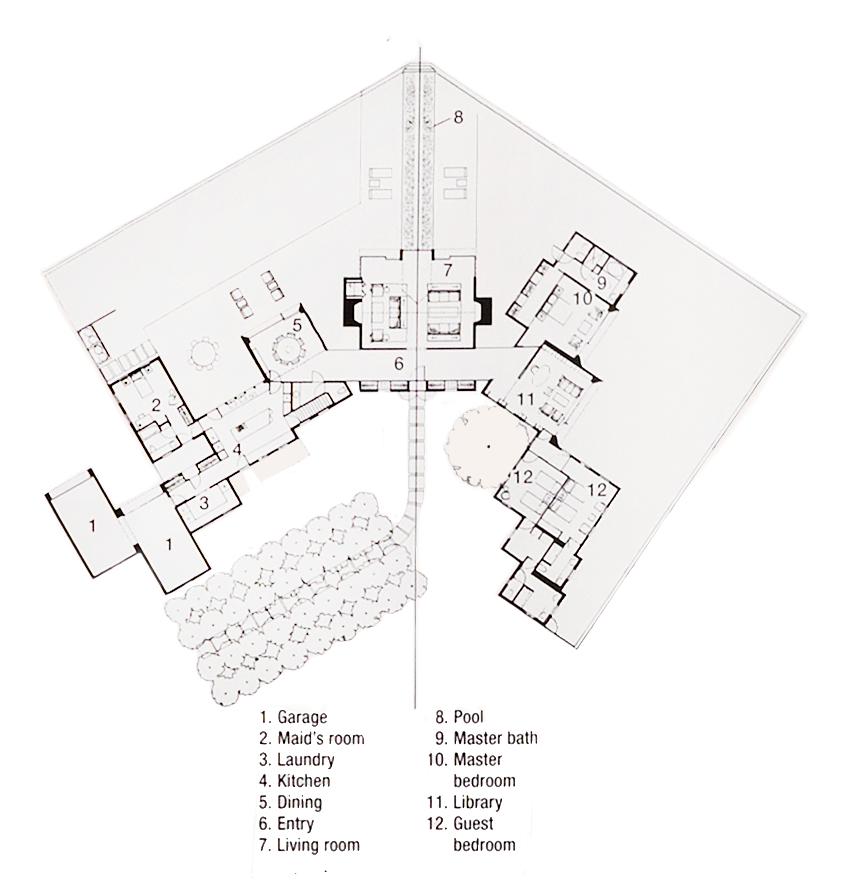 La base arquitectónica de una residencia que muestra varias habitaciones y características externas