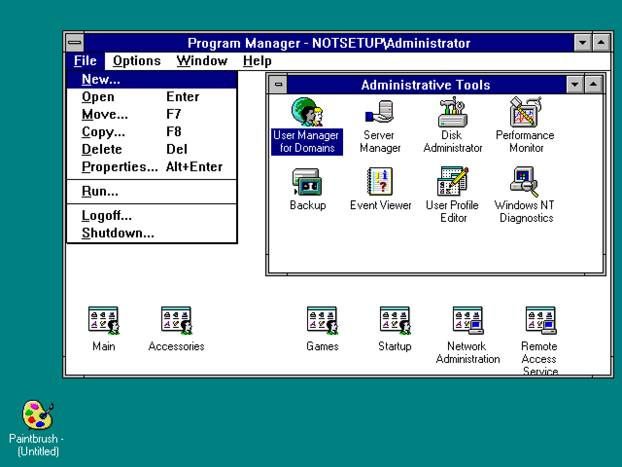 La pantalla de escritorio de Windows NT 3.5 muestra una variedad de atajos de administrador de programas y aplicaciones.
