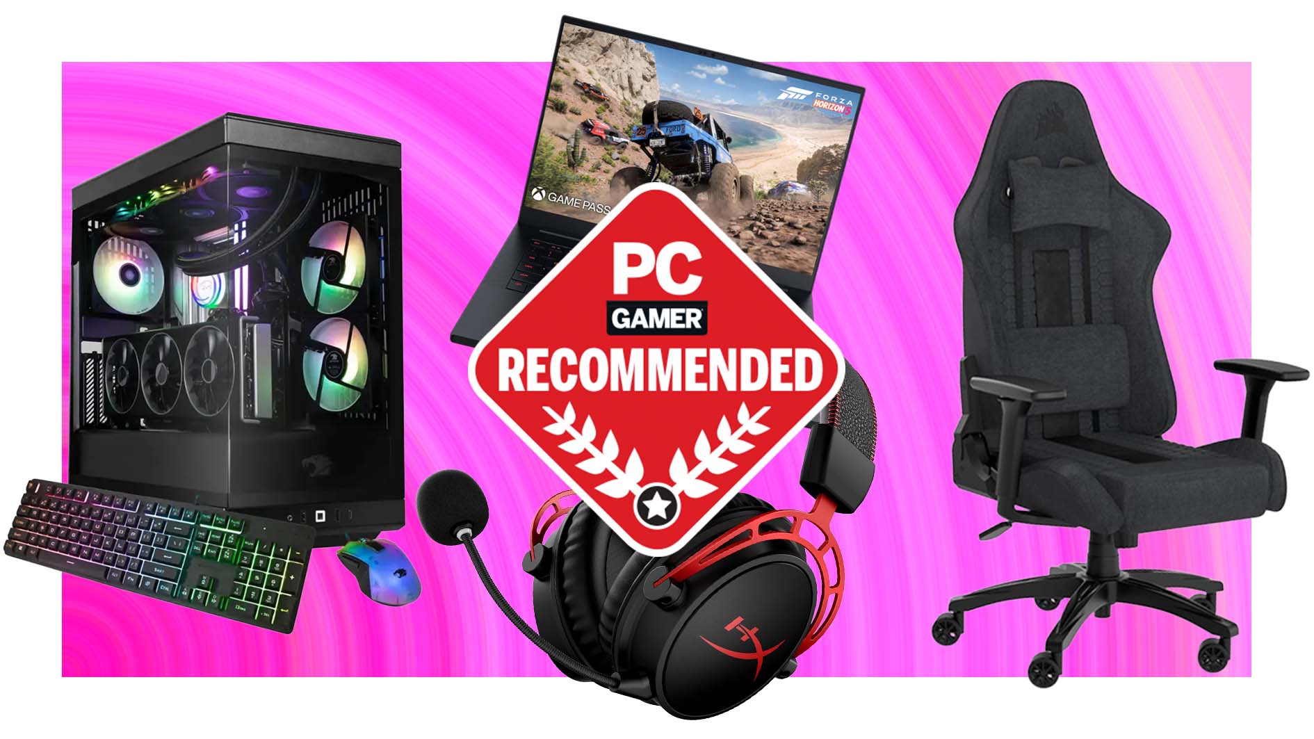 Los productos IbuyPower, Hyperx, Razer, Corsair están compuestos en un gradiente rosa