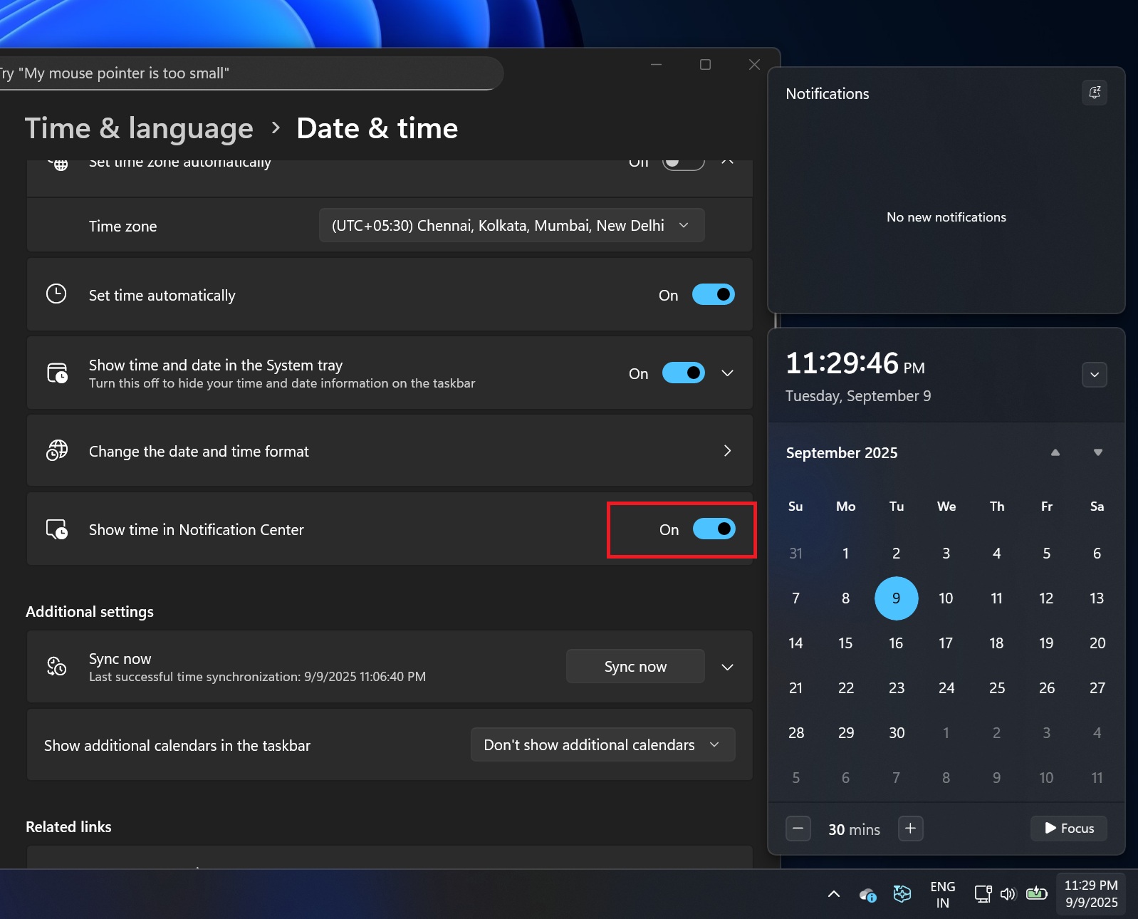 Reloj de barra de tareas en Windows 11 24 horas