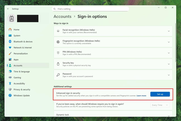 Diálogo de configuración a continuación Cuentas -> Opciones de inicio de sesión, donde se han descrito configuraciones adicionales en rojo «Para configurar» Con botón «Para mejorar la mejora»»  ancho =»625″ altura =»420″/></div><figcaption id=