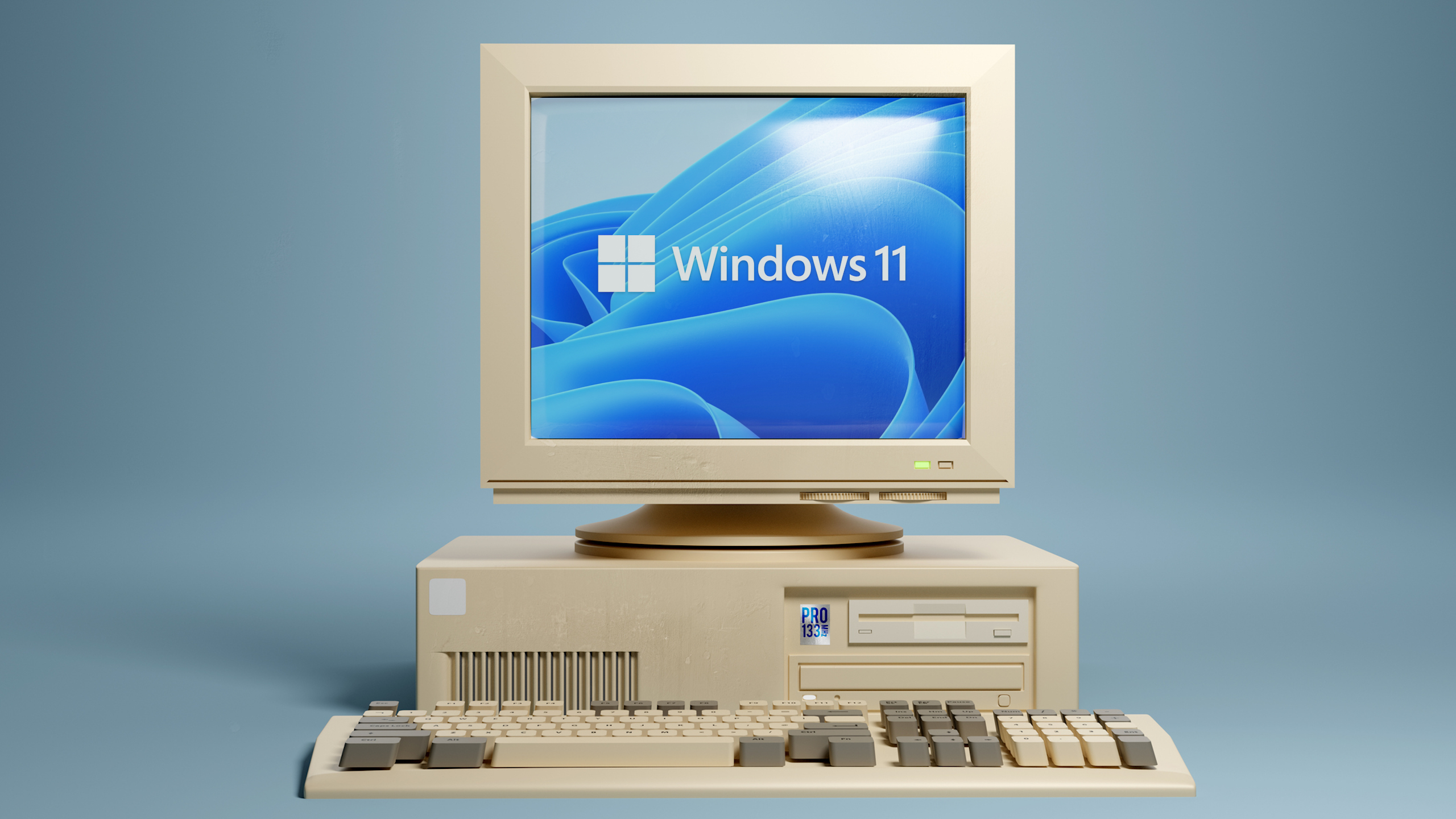 La computadora de escritorio beige de estilo retro de 1990 y la pantalla y el teclado del monitor. Ilustración 3D.