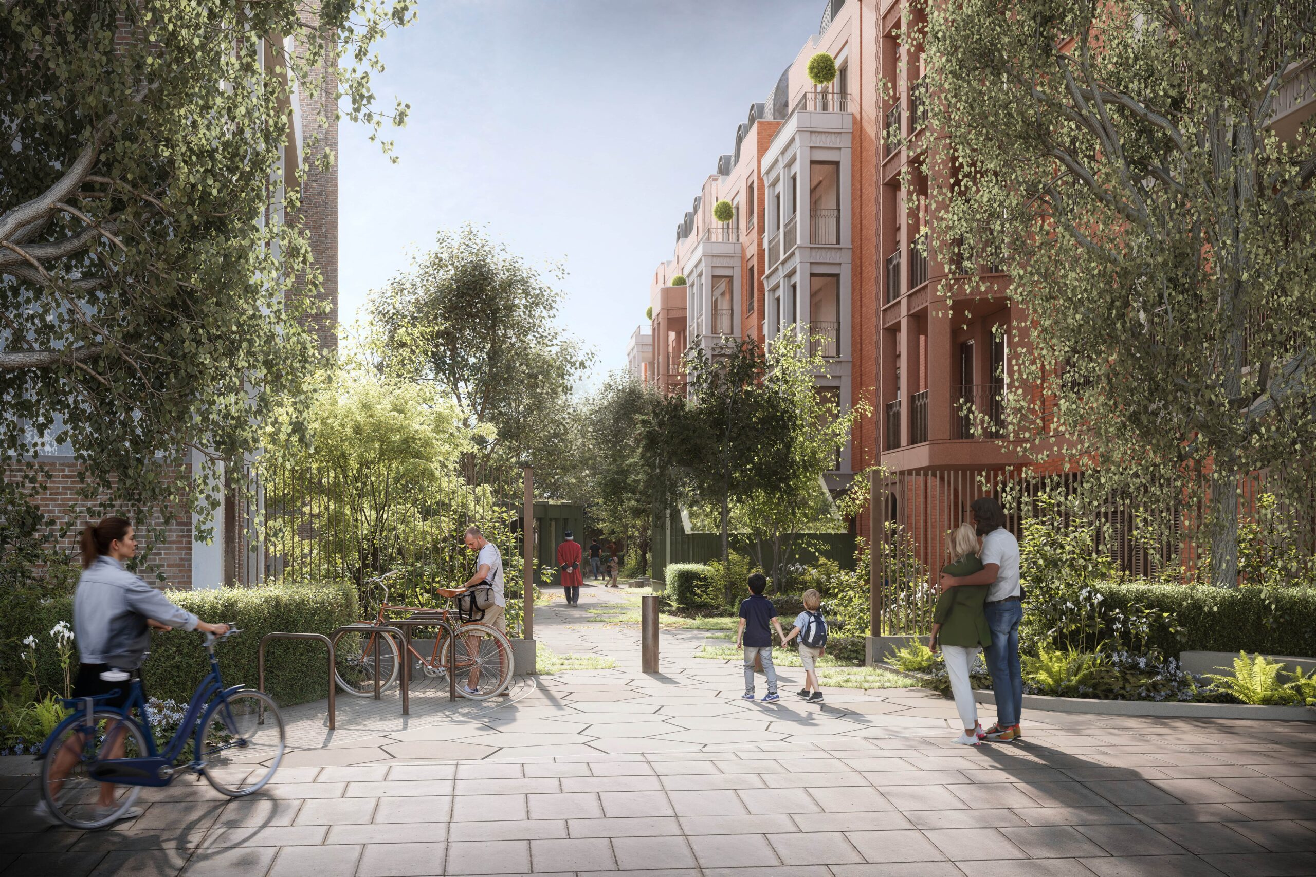 Una ilustración de la reurbanización propuesta de St Wilfrid's Care Home en Tite Street, Chelsea, Londres, que muestra un camino bordeado de edificios de apartamentos de ladrillo y árboles, gente caminando y en bicicleta.