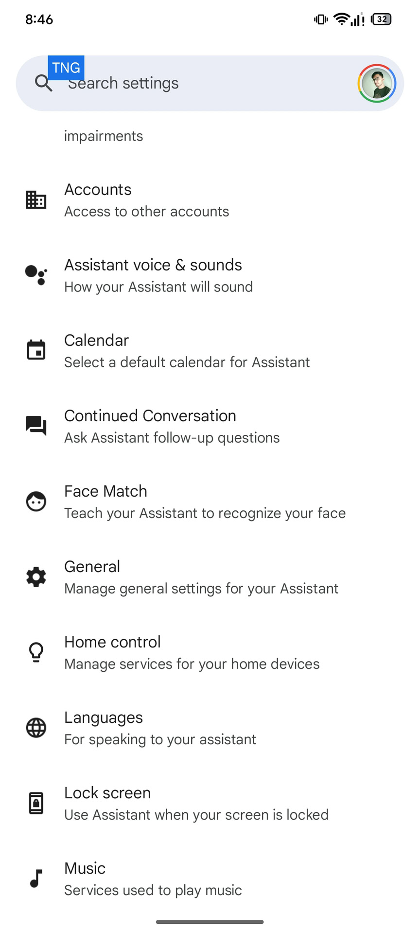Configuración del Asistente de Google No hay opciones para los asistentes de pantalla digital