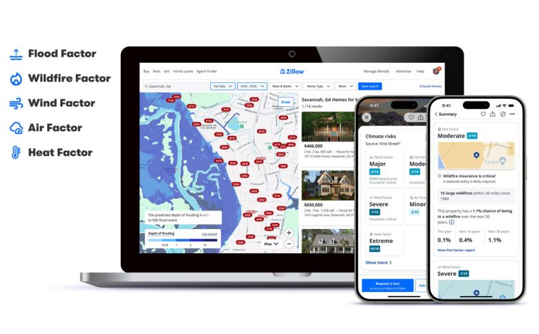 Un sitio web inmobiliario en una computadora portátil y dos teléfonos inteligentes que muestra datos de riesgo climático para las propiedades.