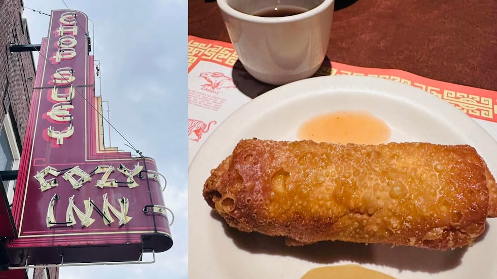 Cosy Inn en Janesville, Wisconsin, junto con uno de los famosos rollitos de huevo hechos a mano del restaurante.